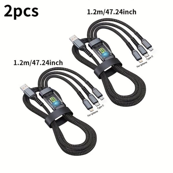 Jogrytece 2pcs 1.2m/ 4ft Nylon Braided MFi Certified 100W LED 3in 1 Digital Display USB charging cable with Type-C, Micro USB, IP Port for iPhone Samsung Huawei Xiaomi Multi Port Multiple Charging Wire