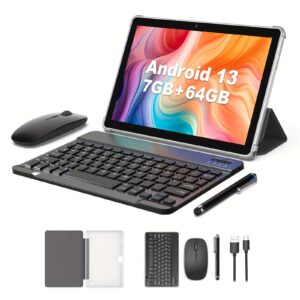 10 Inch Android Tablet, 2024 Latest Android 13 Tablet 7GB (3+4) RAM 64GB ROM, 512TB TF Expansion, 5G Dual Band WIFI6 Tablet, 2MP+8MP Camera, Stylus Without Electricity