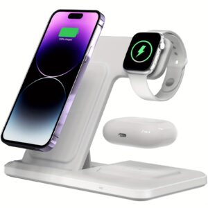 3-in-1 Fast Charging Station: Folding Wireless Charger Stand for iPhone 15/14/13/12/11/Pro/Max/Mini/8/Plus/X/XR/XS/X/SE, iWatch Ultra/Ultra2/9/8/7/6/5/4/3/2/1/SE, and Airpods 3/2/Pro/Pro2 with Universal Compatibility