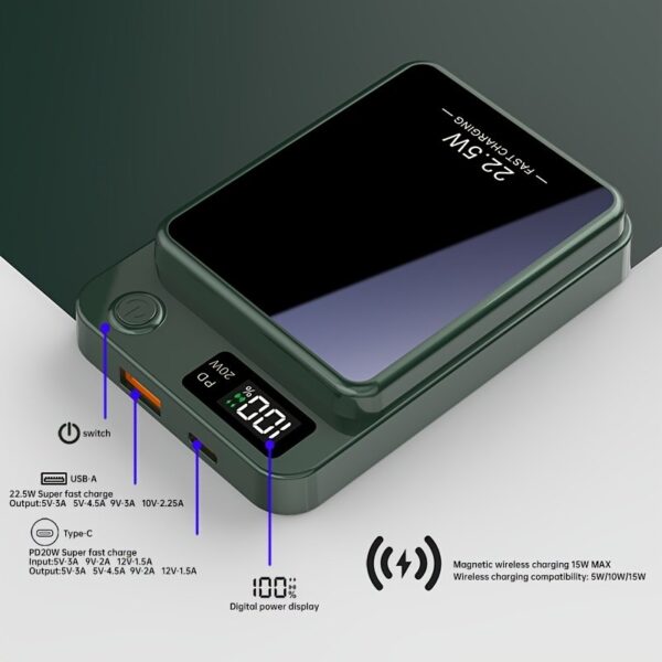 [Fast Charging Power Bank] 22.5W PD Fast Charging Power Bank 10000/5000mAh - Portable Wireless Charger, Magnetic Wireless Charging Pack, USB Type-C, LED Power Display, Rechargeable Lithium Polymer Battery For Android/iPhone Devices