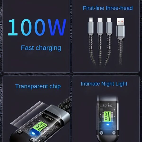 Jogrytece 2pcs 1.2m/ 4ft Nylon Braided MFi Certified 100W LED 3in 1 Digital Display USB charging cable with Type-C, Micro USB, IP Port for iPhone Samsung Huawei Xiaomi Multi Port Multiple Charging Wire