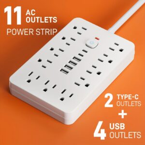 17-in-1 Surge Protector Power Strip with 11AC Outlets, 4USB & 2 Type-C Ports | Compact Multi-Plug Outlet Extender with Flat Plug Design, Space-Saving Extension Cord for Home, Office, and Kitchen | Overload Protection, US Plug, Power Strip Surge Protector
