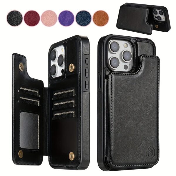 iPhone 15 Pro Max 14 Plus 13 12 11 X XS XR SE 2022 2020 8 7 Business Shockproof Protective Case, Wallet Type Solid Color Double Snap Side Stick Card Slot RFID Blocking Bracket Magnetic Flip PU Artificial Leather Case