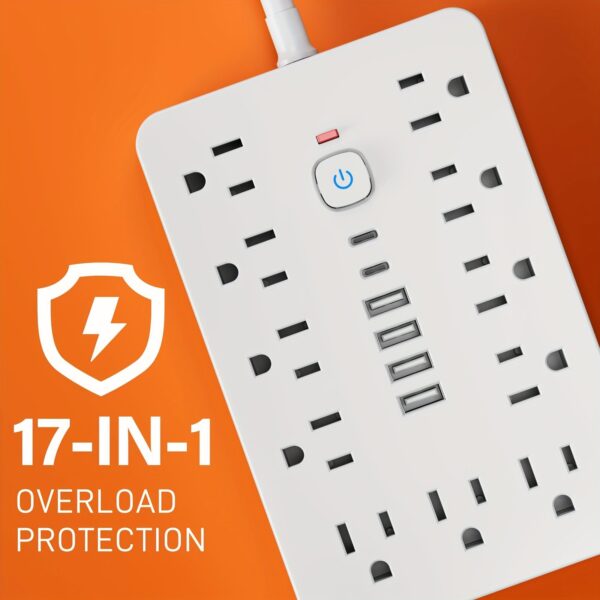 17-in-1 Surge Protector Power Strip with 11AC Outlets, 4USB & 2 Type-C Ports | Compact Multi-Plug Outlet Extender with Flat Plug Design, Space-Saving Extension Cord for Home, Office, and Kitchen | Overload Protection, US Plug, Power Strip Surge Protector
