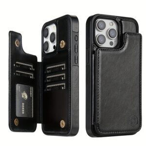 iPhone 15 Pro Max 14 Plus 13 12 11 X XS XR SE 2022 2020 8 7 Business Shockproof Protective Case, Wallet Type Solid Color Double Snap Side Stick Card Slot RFID Blocking Bracket Magnetic Flip PU Artificial Leather Case