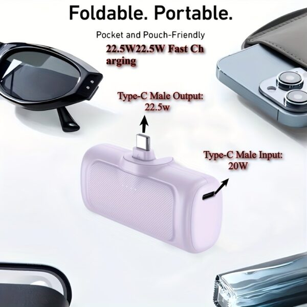 22.5W Fast Charging, 5000mAh Mini Portable Charger, USB-C Mobile Power, Universal Compatibility, USB Type-C, Dual Power Mode, Rechargeable Lithium Polymer Battery, for iPhone 16/15 Series And Android Devices