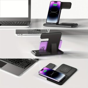 3-in-1 Fast Charging Station: Folding Wireless Charger Stand for iPhone 15/14/13/12/11/Pro/Max/Mini/8/Plus/X/XR/XS/X/SE, iWatch Ultra/Ultra2/9/8/7/6/5/4/3/2/1/SE, and Airpods 3/2/Pro/Pro2 with Universal Compatibility