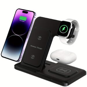 3-in-1 Fast Charging Station: Folding Wireless Charger Stand for iPhone 15/14/13/12/11/Pro/Max/Mini/8/Plus/X/XR/XS/X/SE, iWatch Ultra/Ultra2/9/8/7/6/5/4/3/2/1/SE, and Airpods 3/2/Pro/Pro2 with Universal Compatibility