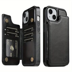 iPhone 15 Pro Max 14 Plus 13 12 11 X XS XR SE 2022 2020 8 7 Business Shockproof Protective Case, Wallet Type Solid Color Double Snap Side Stick Card Slot RFID Blocking Bracket Magnetic Flip PU Artificial Leather Case