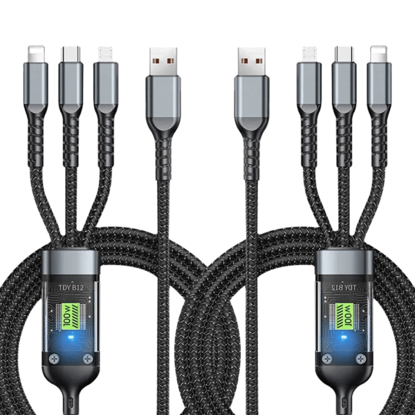 Jogrytece 2pcs 1.2m/ 4ft Nylon Braided MFi Certified 100W LED 3in 1 Digital Display USB charging cable with Type-C, Micro USB, IP Port for iPhone Samsung Huawei Xiaomi Multi Port Multiple Charging Wire