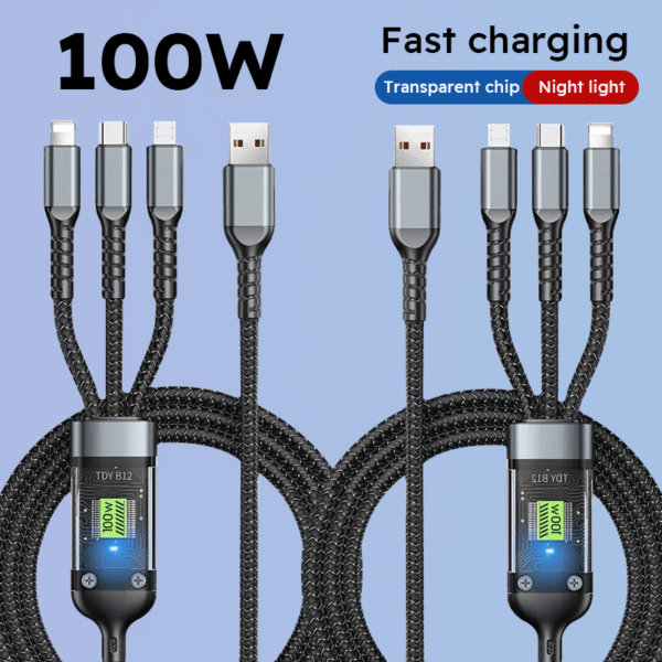 Jogrytece 2pcs 1.2m/ 4ft Nylon Braided MFi Certified 100W LED 3in 1 Digital Display USB charging cable with Type-C, Micro USB, IP Port for iPhone Samsung Huawei Xiaomi Multi Port Multiple Charging Wire